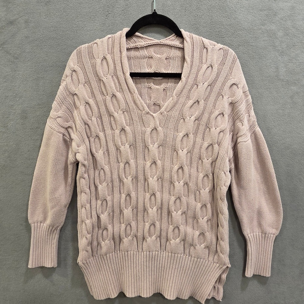V-Neck Chunky Cable Knit Sweater Women Medium Preppy Casual Soft Warm Cozy